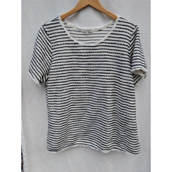 GREEN ENVELOPE Women's Terry Cloth Short Sleeve Striped Shirt Sz 2X Fringe Trim - Picture 1 of 5